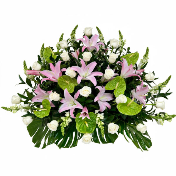 Centro funerario extragrande con lilium oriental y rosas blancas