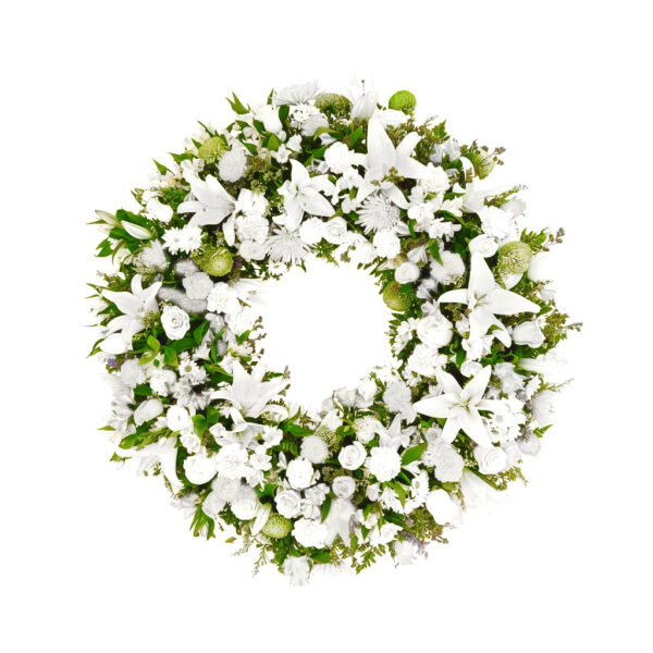 Corona funeraria de flor variada blanca